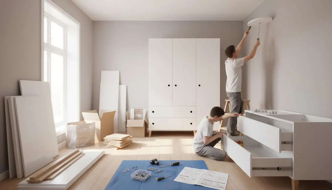 Hænder monterer en ultratynd loftslampe mens en kommode og garderobe samles i et lyst værelse med værktøj spredt.