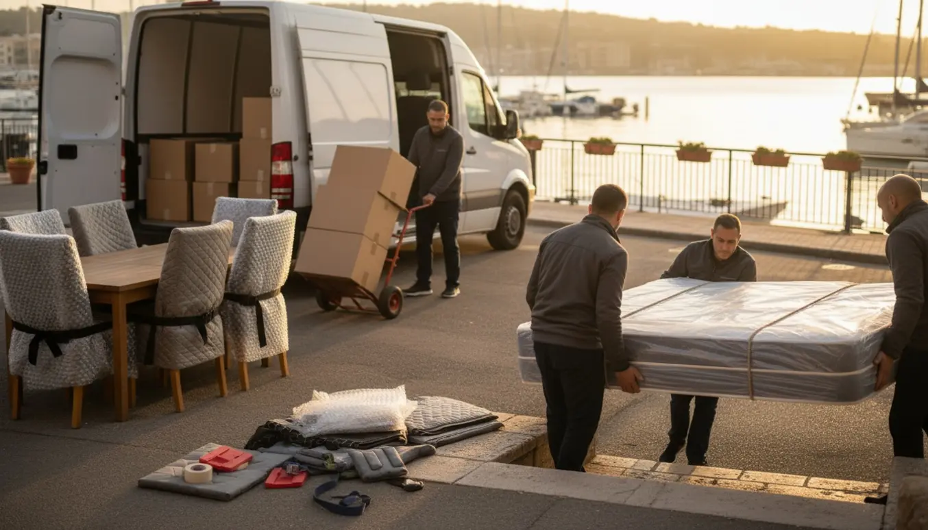 Flyttefolk bærer indpakkede møbler og stabler flyttekasser ved en varevogn foran en lejlighed ved havnen.