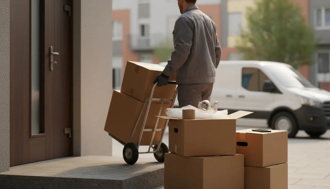 Stak flyttekasser leveres ved en lejlighedsindgang med en leveringsvogn i baggrunden.