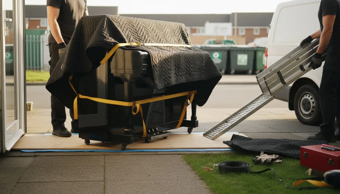 Et oprejst klaver pakket i flyttetæpper bliver læsset op i en varevogn via rampe, uden synlige ansigter.