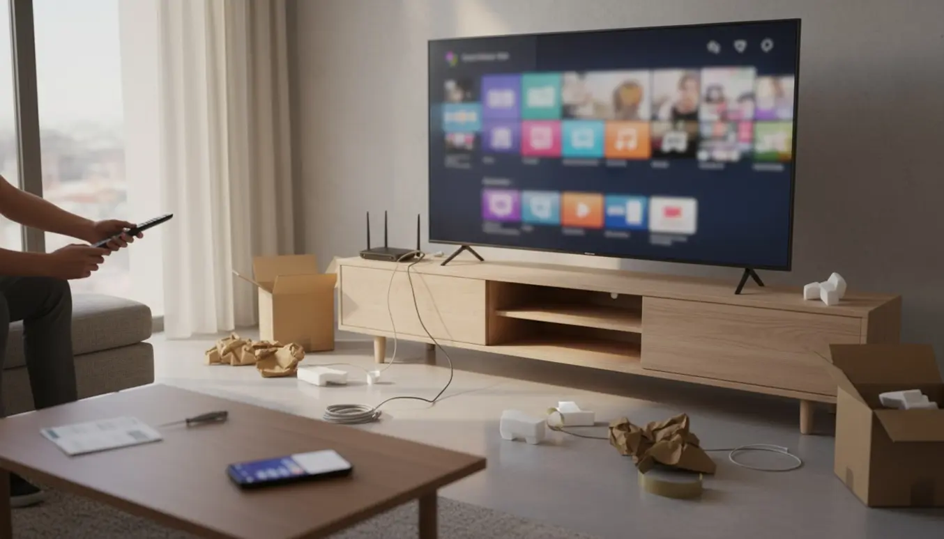 Hænder tilslutter HDMI og antennekabel til et nyt smart-tv i en moderne stue med fjernbetjening og smartphone på bordet.