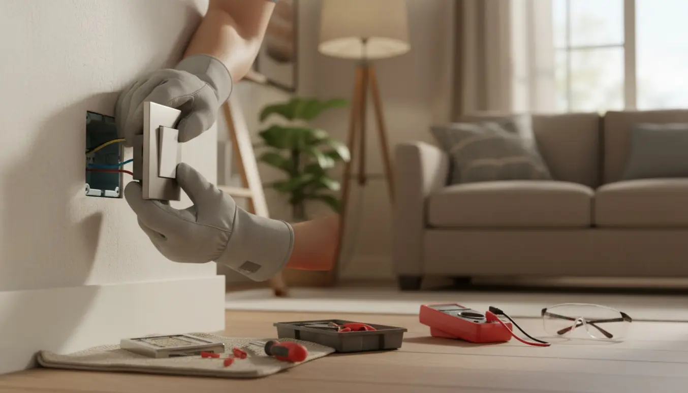 Hænder i handsker udskifter en lysdæmper i en stue med værktøj og blødt dagslys i baggrunden.