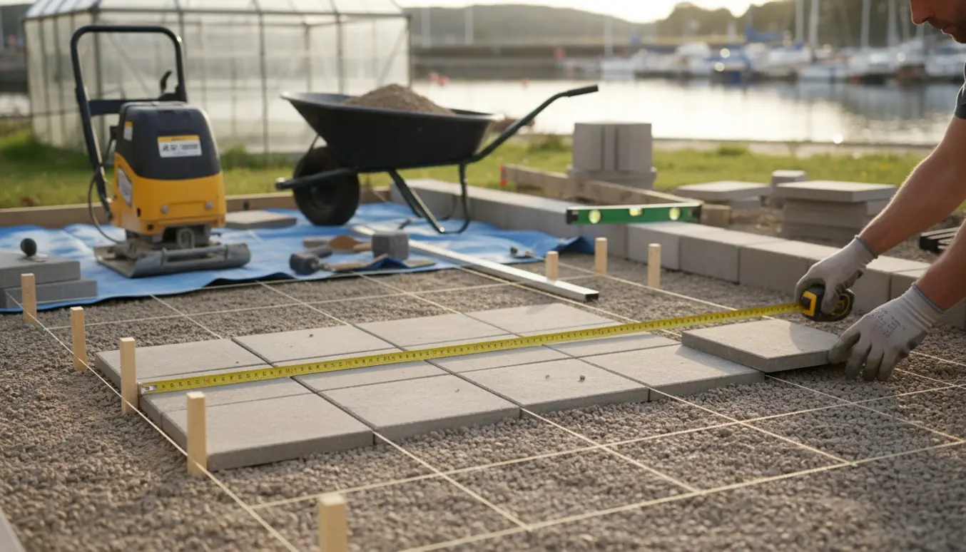 Arbejdsplads i baghave med måleliner, grus og fliser klar til lægning, med drivhus og havn i baggrunden.