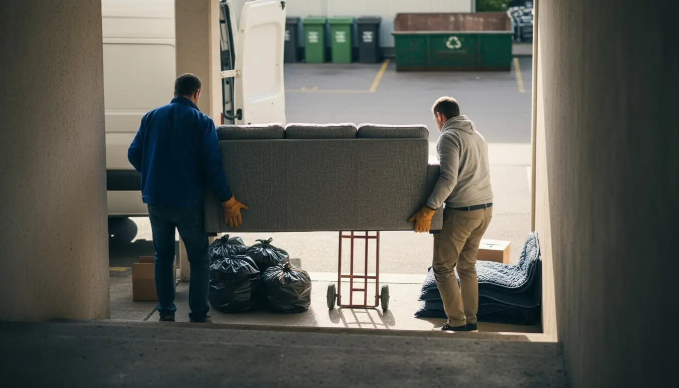 To personer bærer en 3-personers sofa ned ad en opgang, med affaldssække og en varevogn klar ved indgangen.