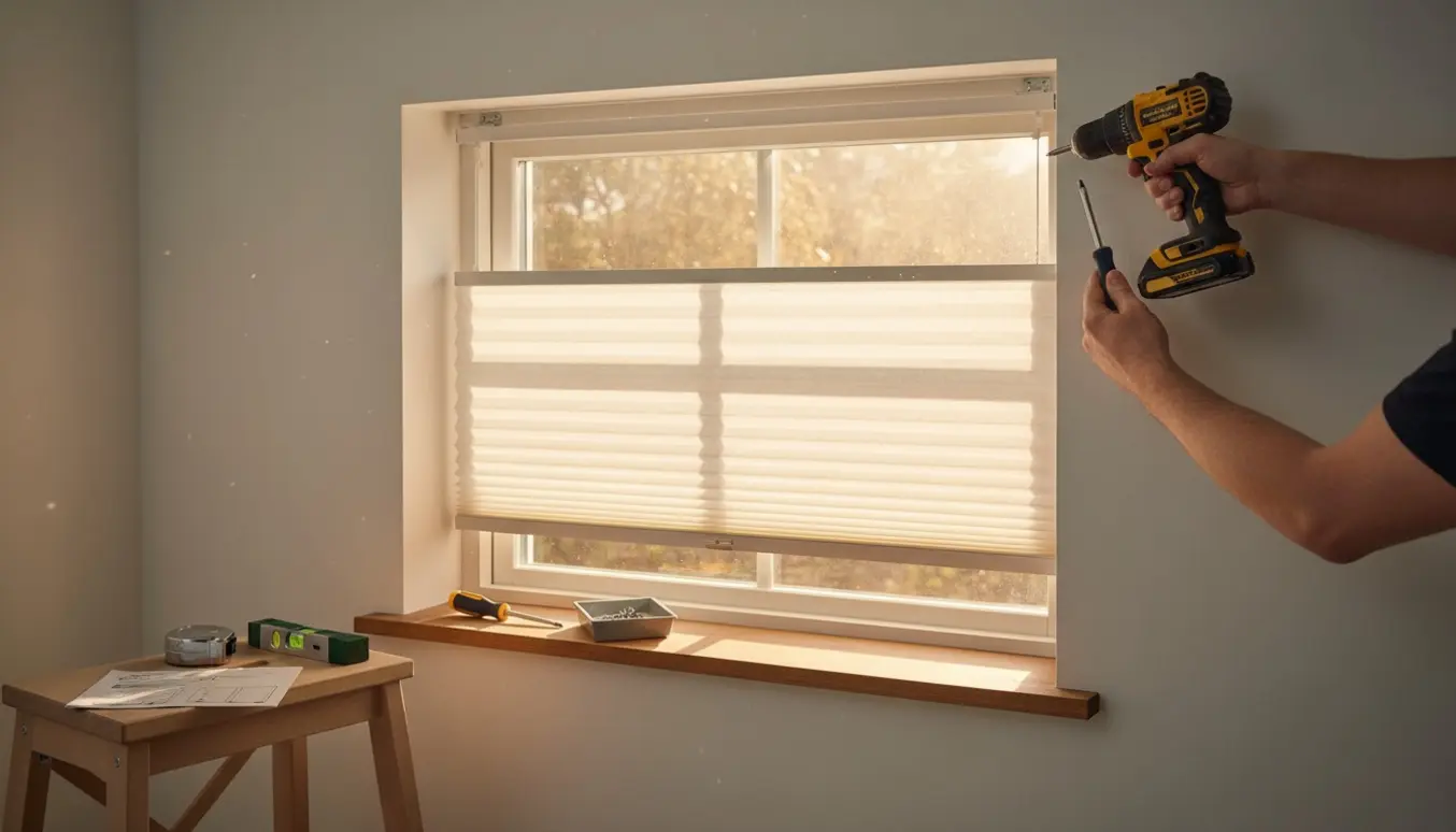 Hænder monterer et plisségardin med top-down/bottom-up i et lille vindue, med værktøj og beslag klar på vindueskarmen.