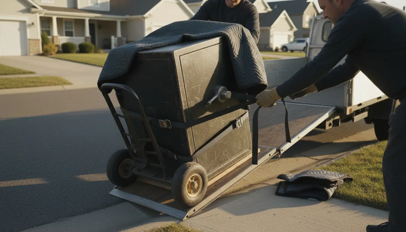 Et tungt pengeskab sikret på en transportvogn ved kantstenen, klar til afhentning.