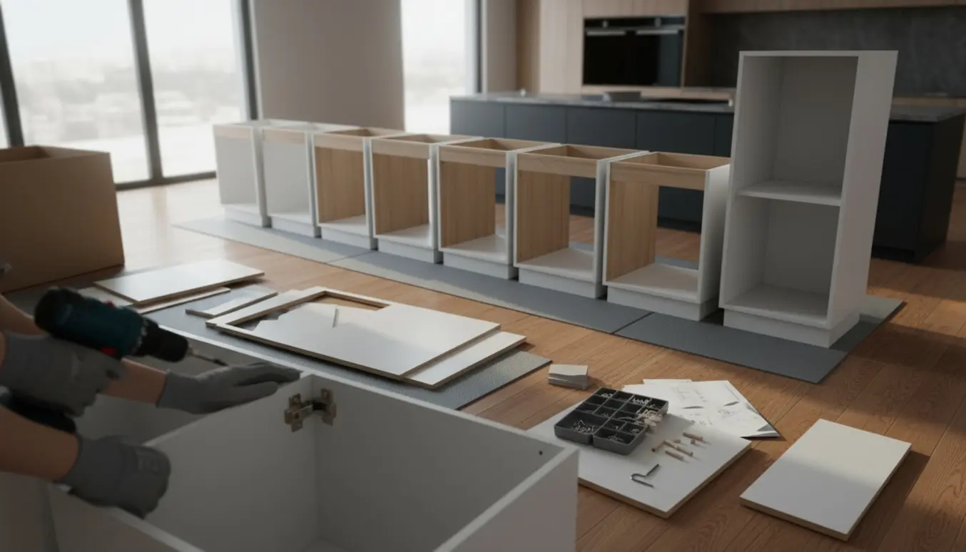 Hænder samler ti fladpakkede skabskorpusser i forskellige størrelser i et lyst køkkenrum.