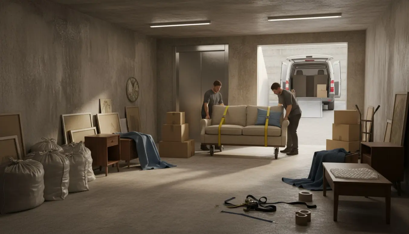 Møbler og flyttekasser i en kælder ved en åben elevator, klar til transport til genbrugsplads.