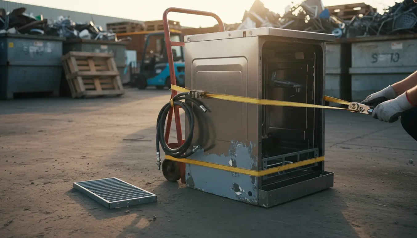 Afmonteret opvaskemaskine på en sækkevogn ved en genbrugsplads, klar til aflevering.