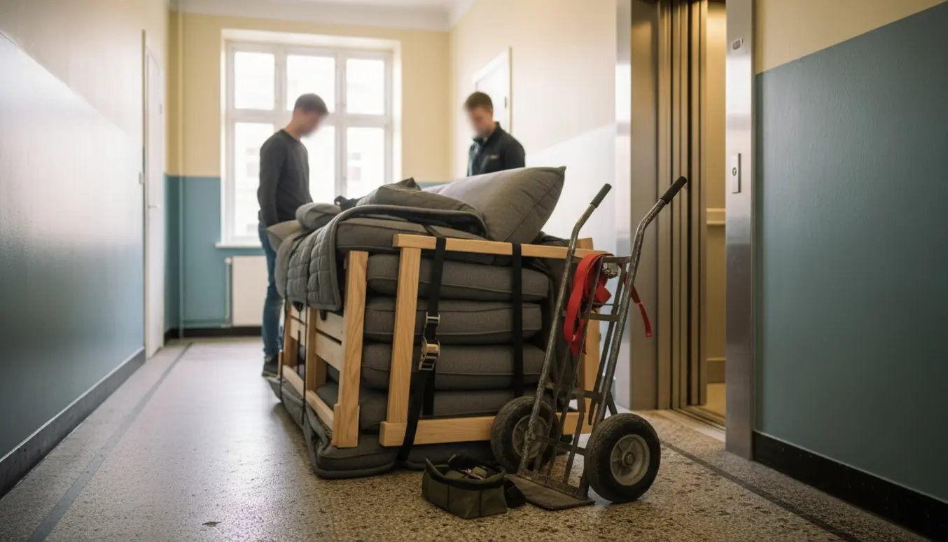 Adskilt sofa sættes ind i en elevator i en lejlighed på Nørrebro med håndtralle og flyttetæpper.