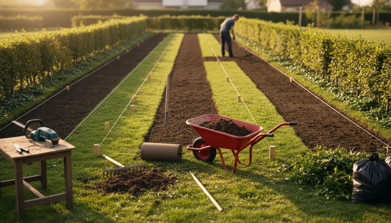 Oversigtsfoto af en have under opretning med klippede hække, trillebør, rive og poser med haveaffald klar til fjernelse.