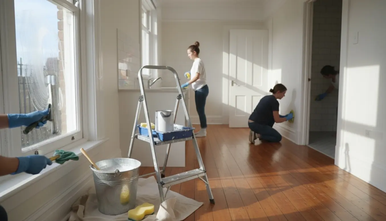Hænder i handsker vasker vindue i en lys, tom lejlighed klar til fraflytningsrengøring og maling.