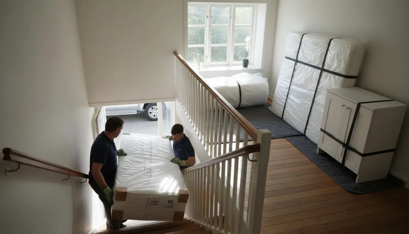 To personer bærer en boxmadras ned ad en smal trappe, mens rullemadras, topmadras og et lille badeværelsesskab står klar på reposen.