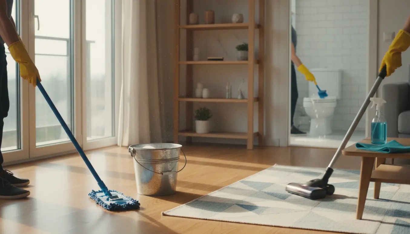 En person rengør et moderne hjem med moppe, støvsuger og klud i naturligt lys.
