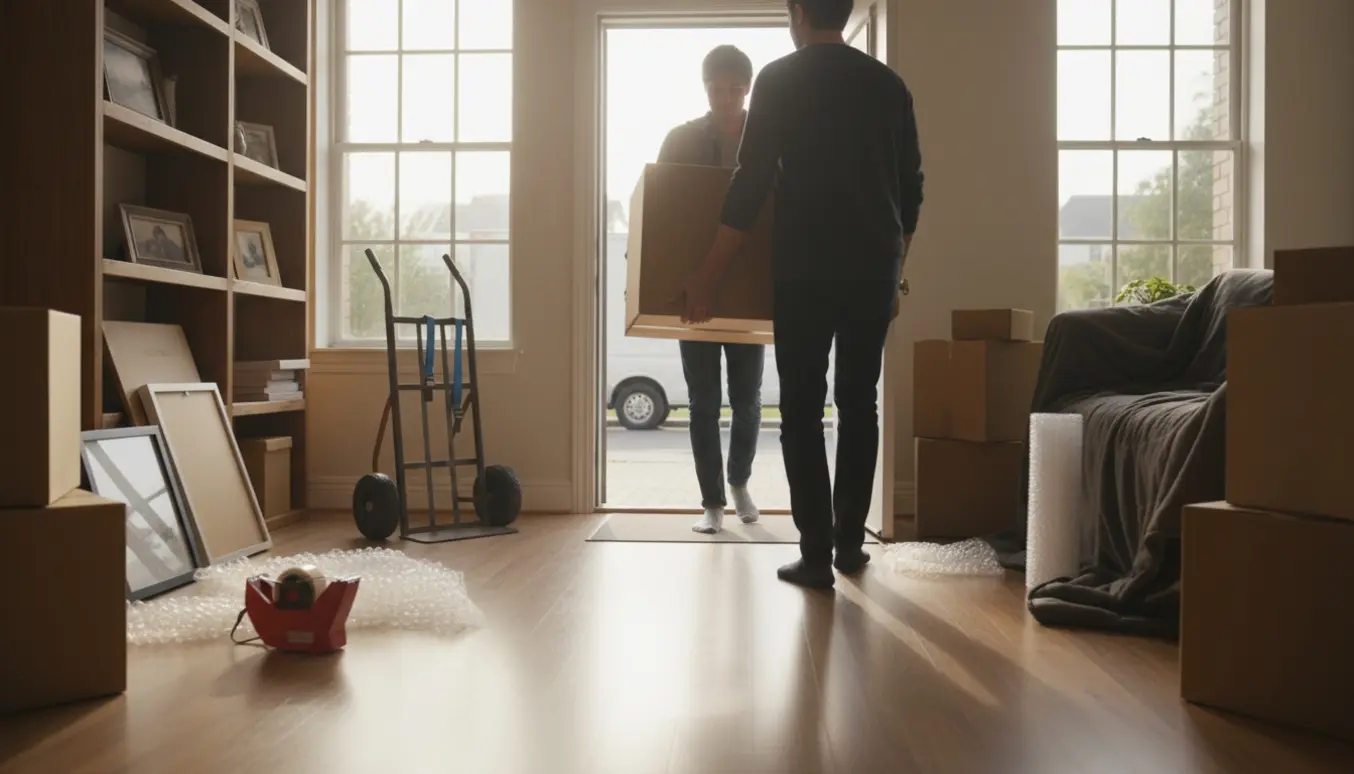 To personer bærer en flyttekasse ud mod en åben flyttevogn, ansigter ikke synlige.