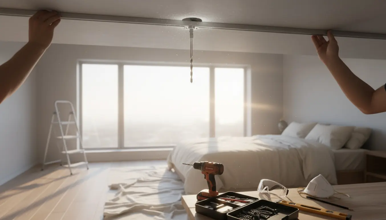 Lampe-skinne monteres i et lyst soveværelse med boremaskine og stige i forgrunden.