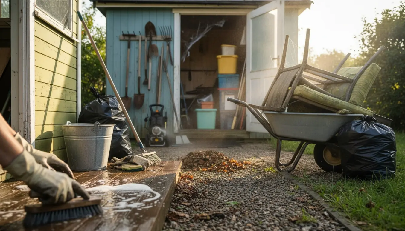 Et forsømt og meget snavset sommerhus og skur bliver ryddet og rengjort, hænder skrubber verandaen med sæbe og vand.