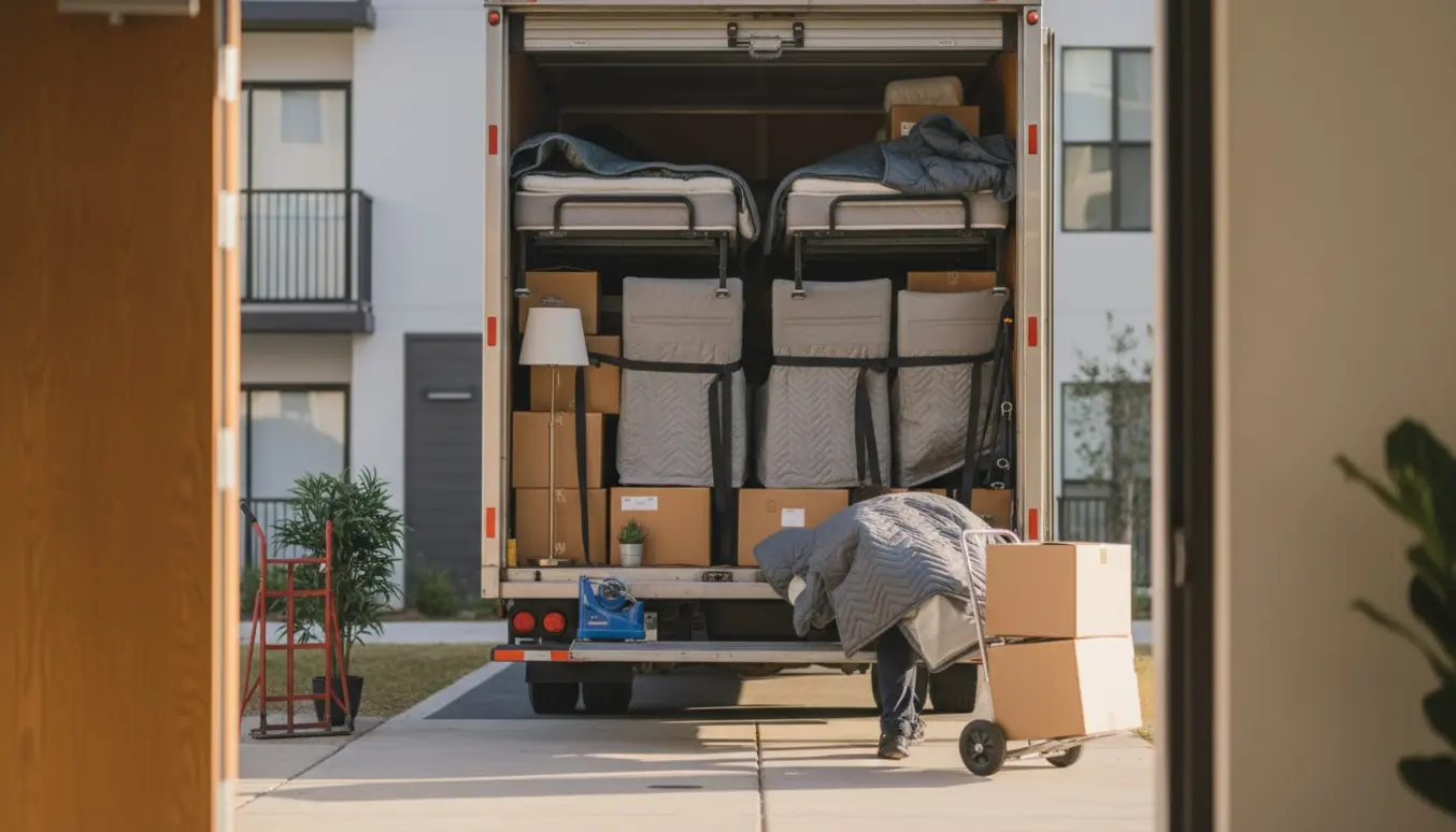 Åben flyttevogn med to enkeltsenge, fire stole, et barbord og cirka 15 flyttekasser, personer kun set som kropsdele.