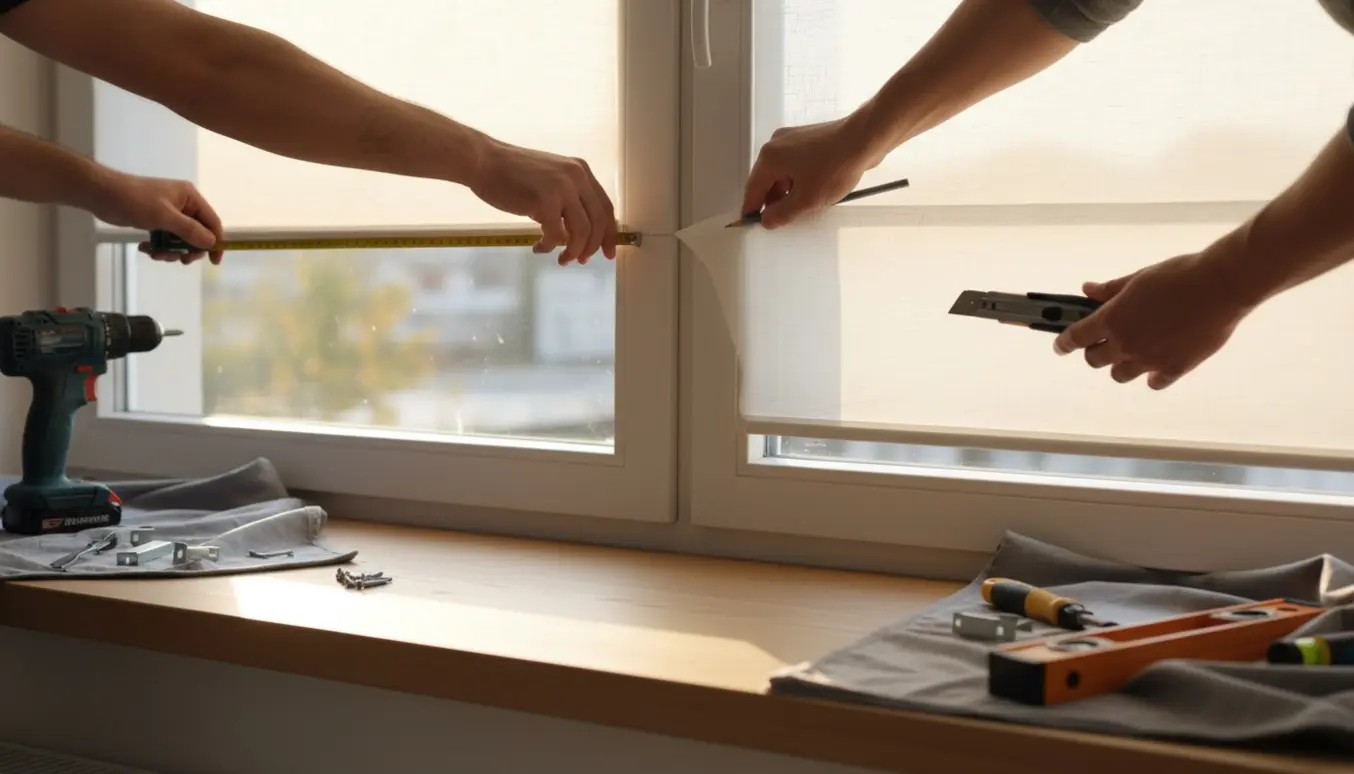 Hænder måler og monterer to rullegardiner i et lyst rum med værktøj på vindueskarmen.