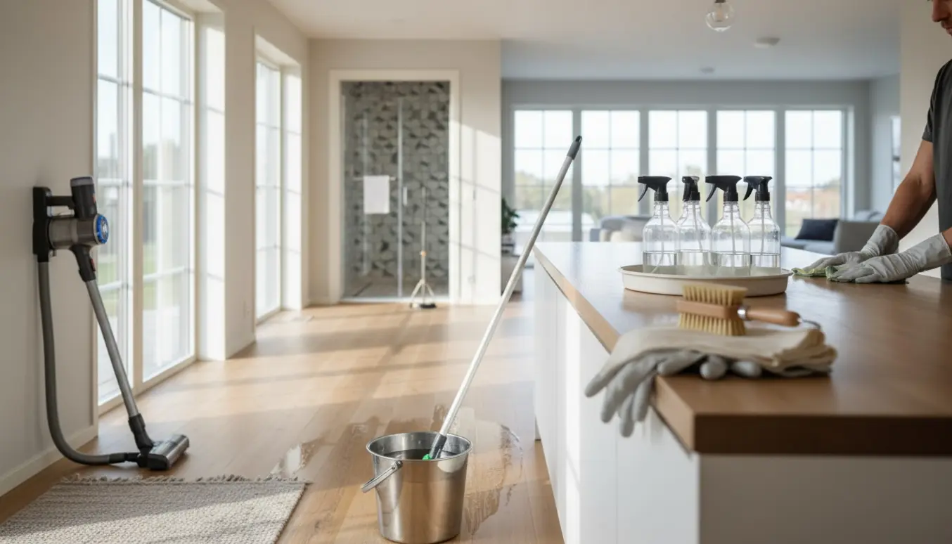 Lyst skandinavisk hjem under ugentlig hovedrengøring med moppe, støvsuger og rengøringsudstyr.
