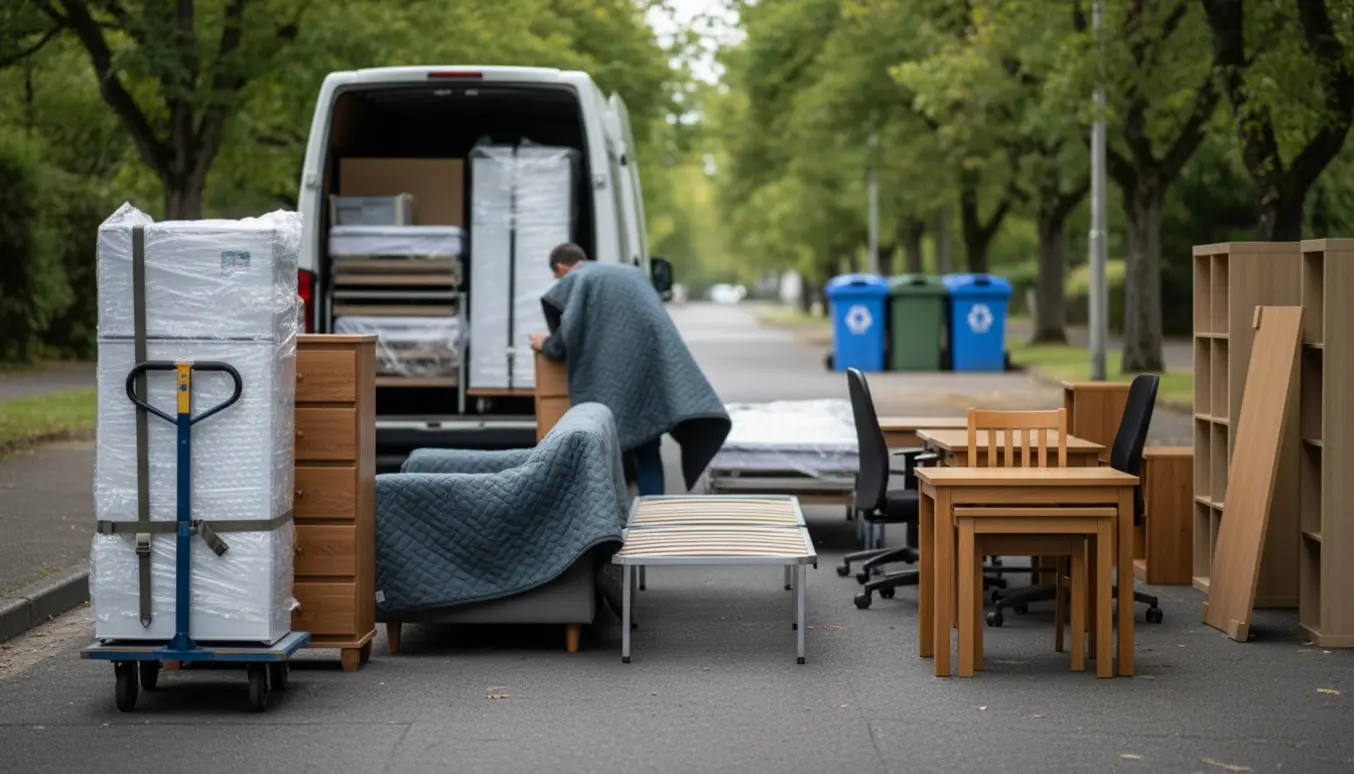 Flyttevogn og pakkede møbler på fortovet klar til aflevering på genbrugspladsen i nærheden.