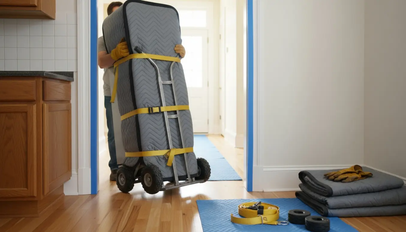 Et højt kølefryseskab pakkes ind og flyttes på en solid sækkevogn fra køkkenet til entréen med væg- og gulvbeskyttelse.