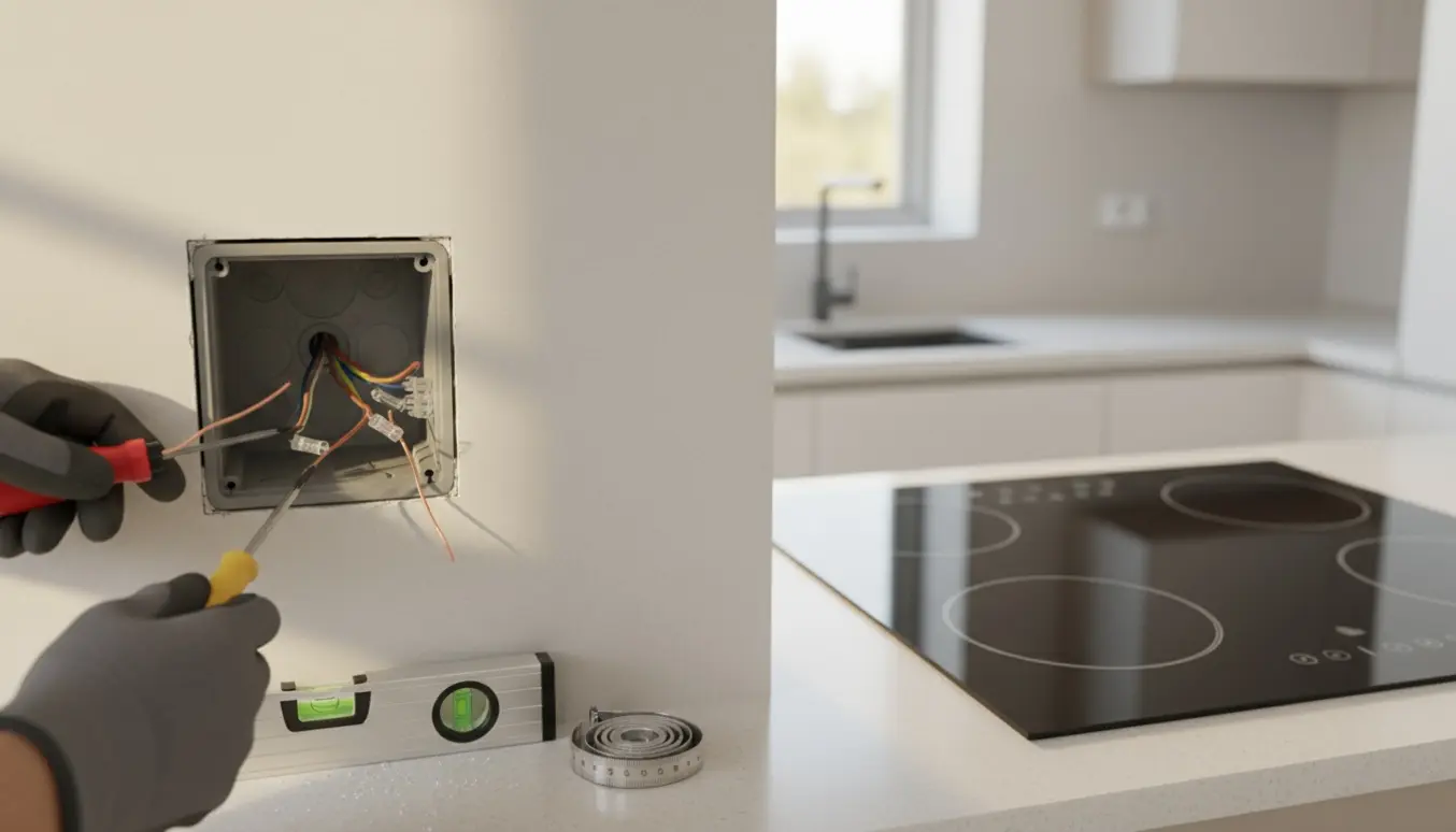 Nærbillede af hænder, der monterer en ny el-dåse i køkkenvæggen ved et glaskeramisk komfur.