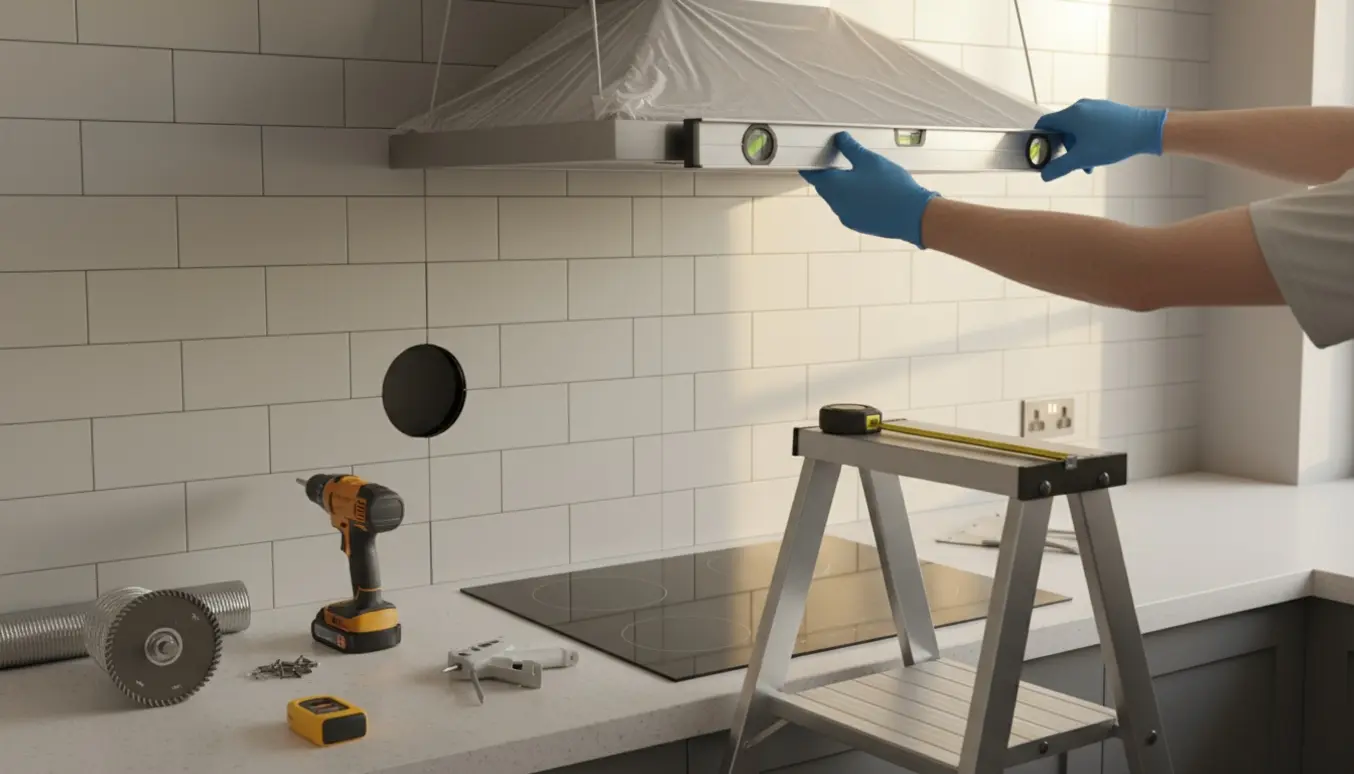 Installatør markerer midten til montering af emhætte med eksisterende udsugningshul til venstre.