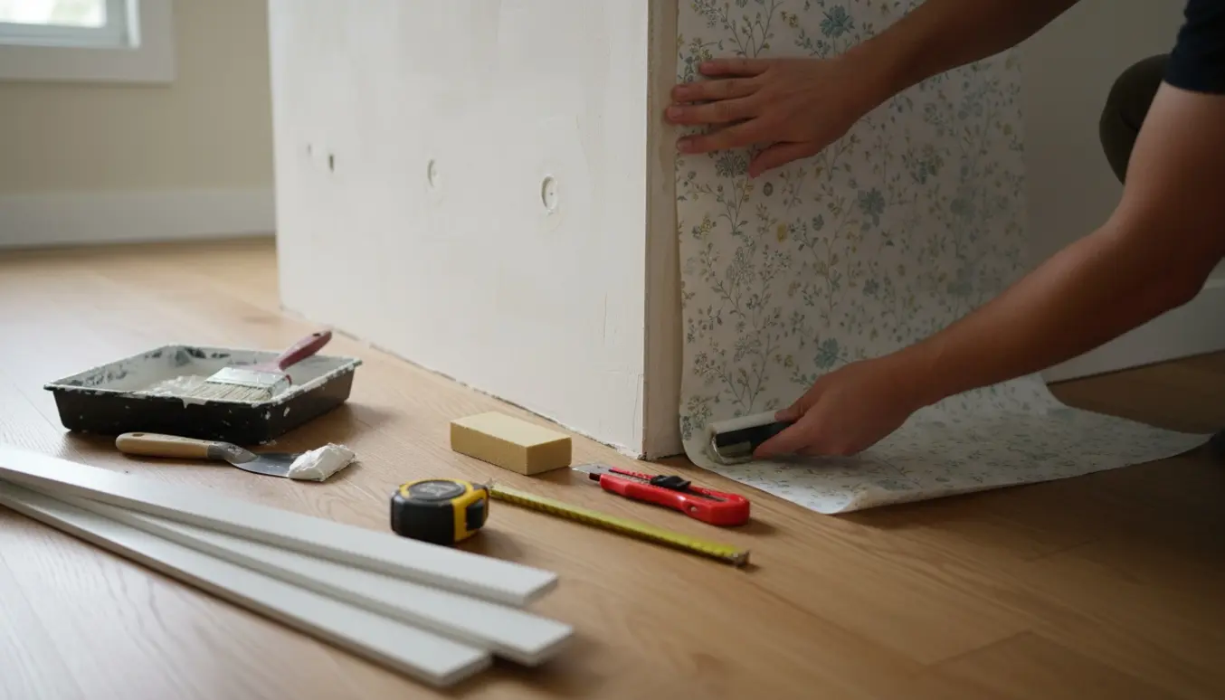 Et hjørne med repareret væg, nyt tapet der sættes og værktøj plus en klar fodliste på gulvet.