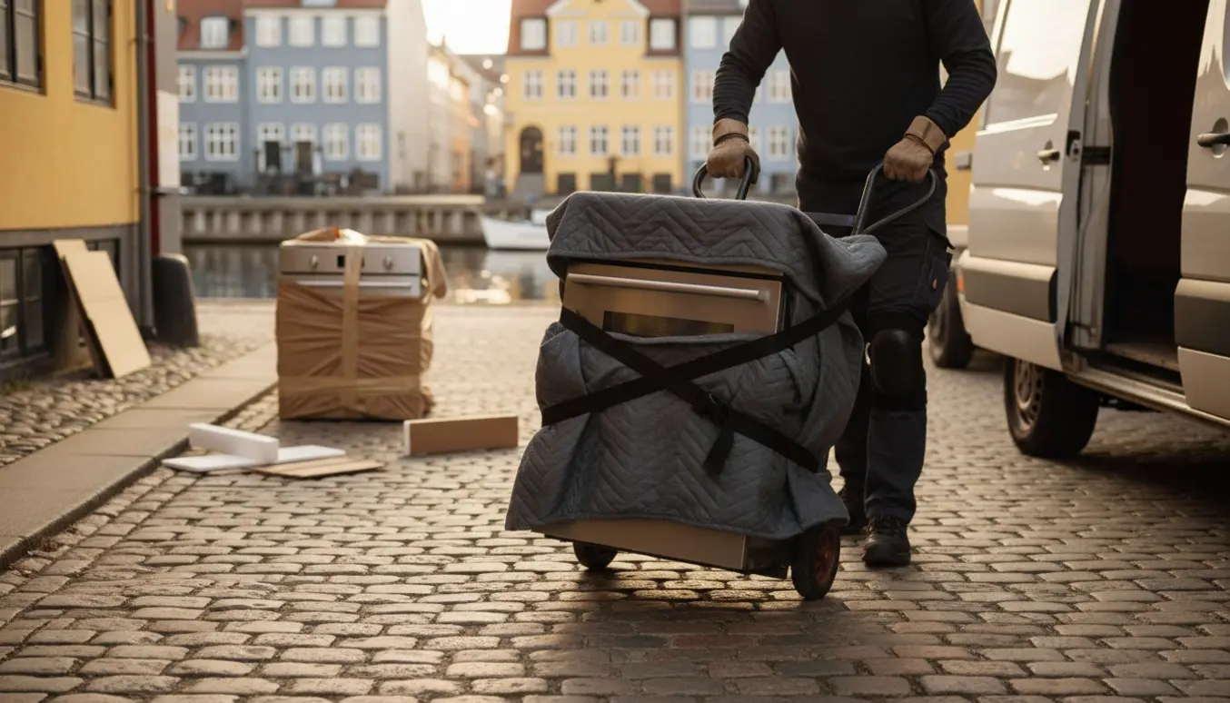 Flyttere transporterer et standard komfur på en sækkevogn gennem en brostensgård mod en åben flyttevogn.