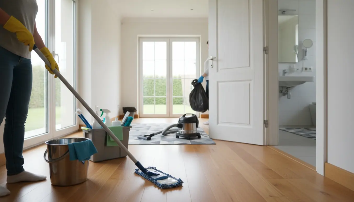 Indvendigt billede af en lys to-ets villa, hvor gulv vaskes, støvsuger og rengøringsudstyr er parat, med et skinnende badeværelse i baggrunden.