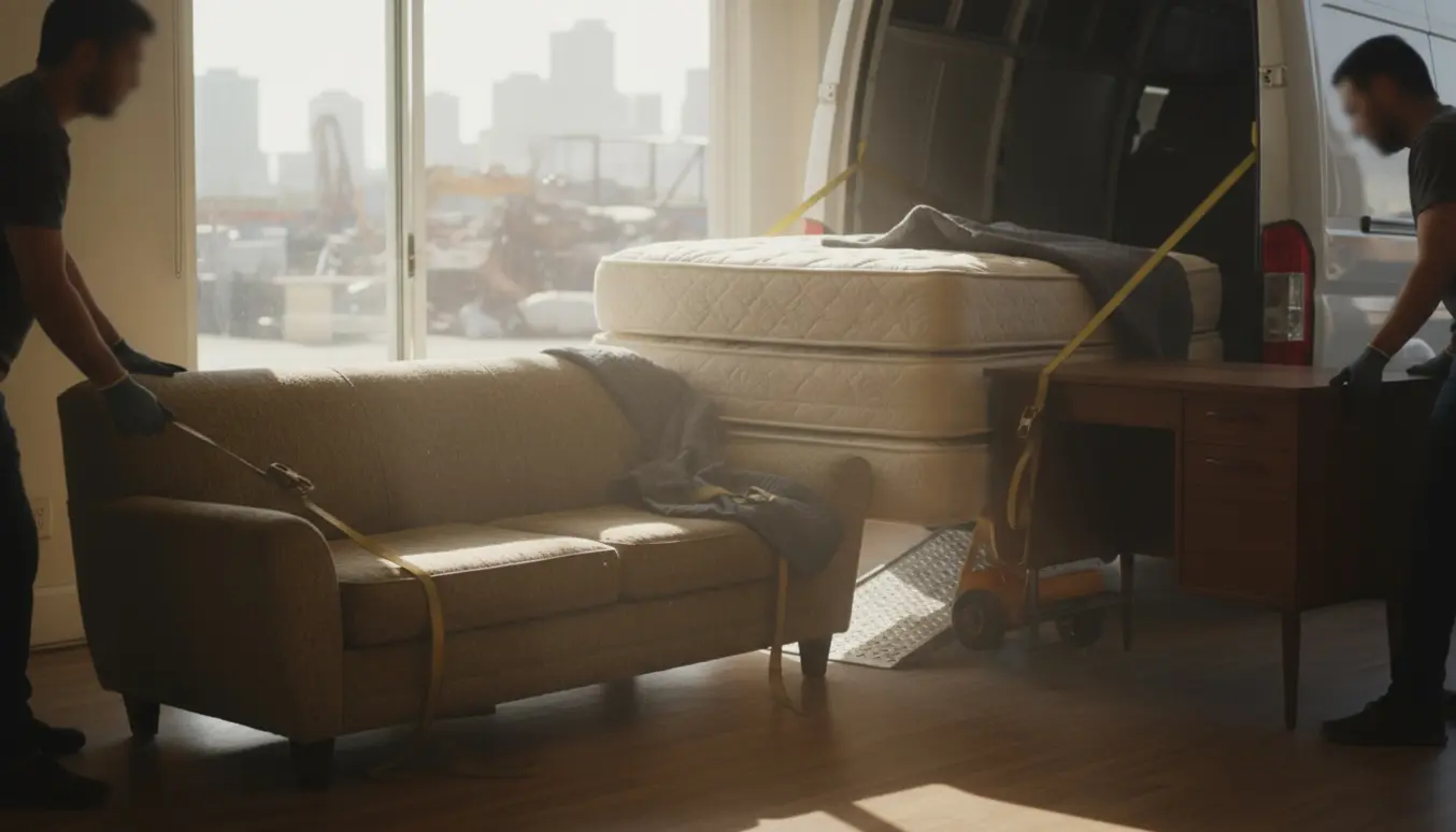 Flyttemænd læsser en U-sofa, to madrasser og et skrivebord ind i en varevogn til bortskaffelse.