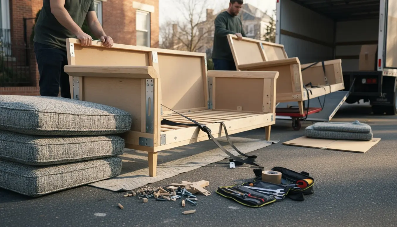 Delvist adskilt sofa ved åben flyttebil på vej til afhentning, med flyttevogn, tæpper og værktøj.