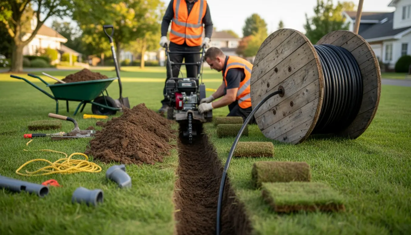 Tæt foto af kabelnedgravning i græsplæne med rullet græs, kabeltromle og en lille fræser.