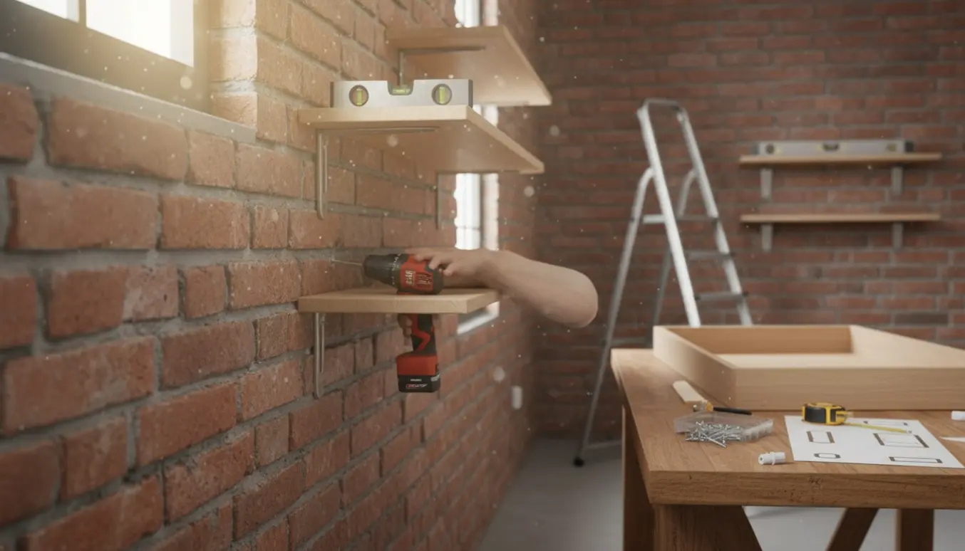 Hænder monterer beslag og skruer en hylde op på en murstensvæg med værktøj og en allerede ophængt reol i baggrunden.