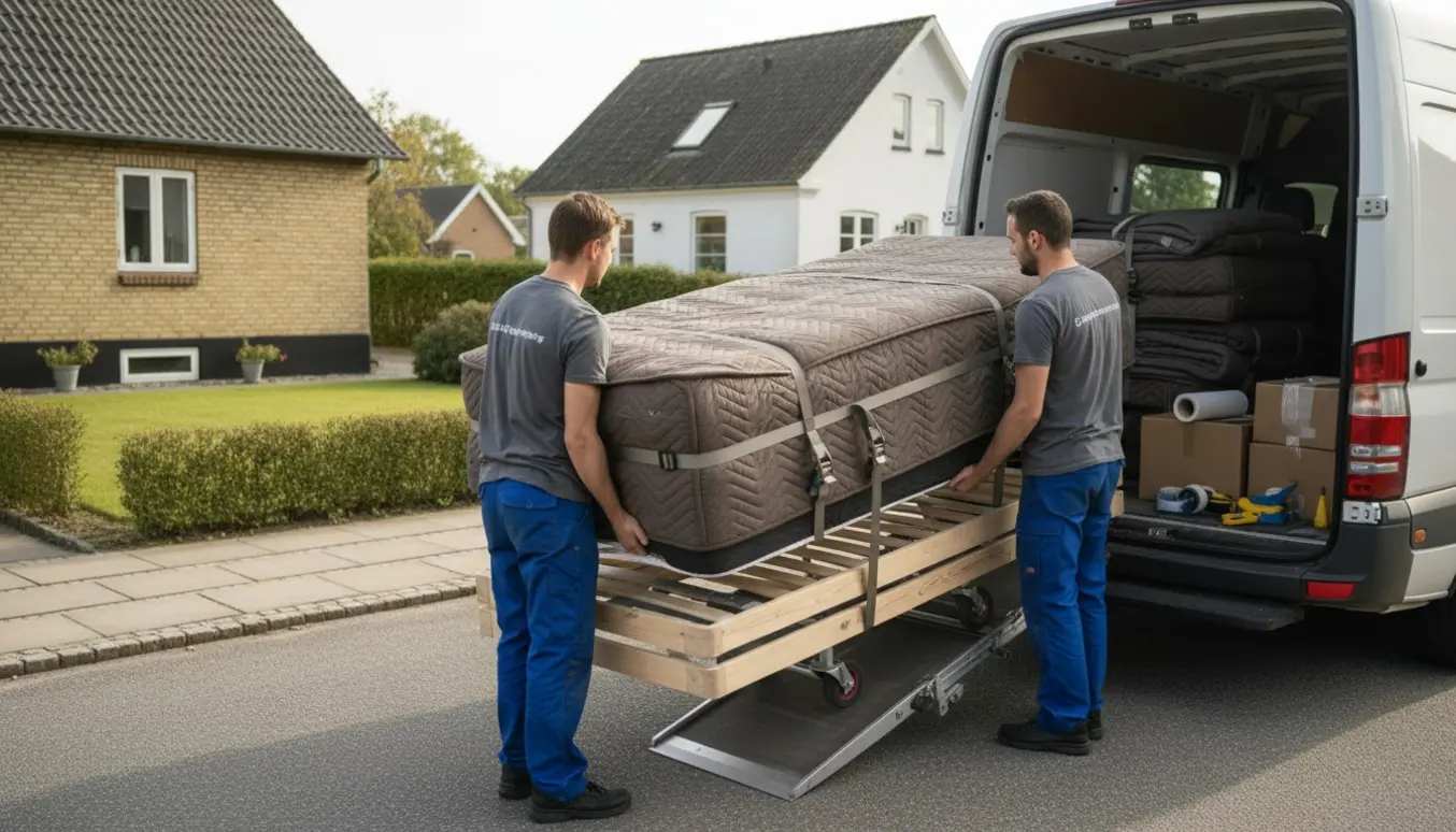 En dobbeltseng bæres ind i en åben flyttevogn foran et dansk forstadshus.