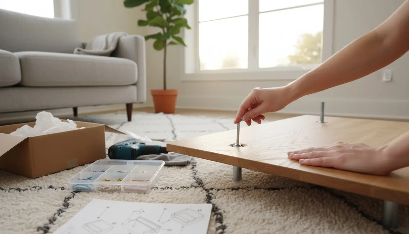 Hænder samler et nyt sofabord med unbrakonøgle og skruer i en lys stue.
