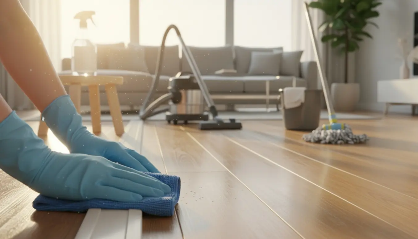 Solbelyst stue under rengøring med støvsuger, moppe og hænder, der tørrer en fodliste.