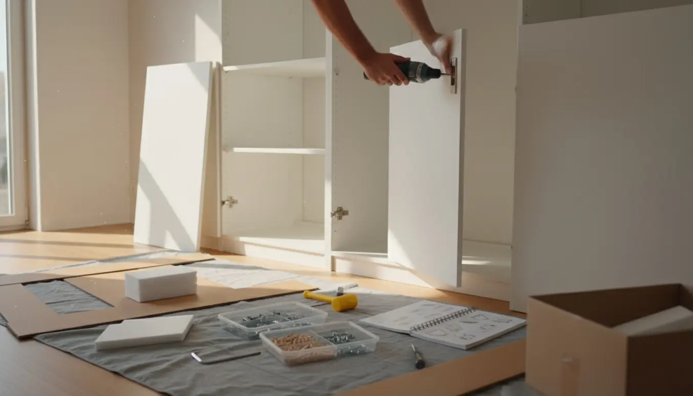 Delvist samlet hvidt garderobeskab med værktøj og åbne fladpakkede kasser i et lyst rum.