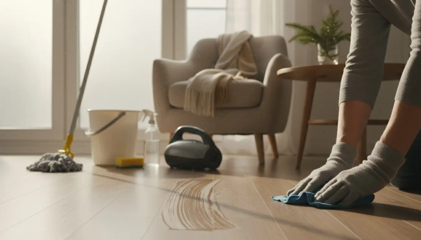 Hænder i handsker aftørrer hvide fodlister i en lys lejlighed med nyligt rengjorte trægulve.