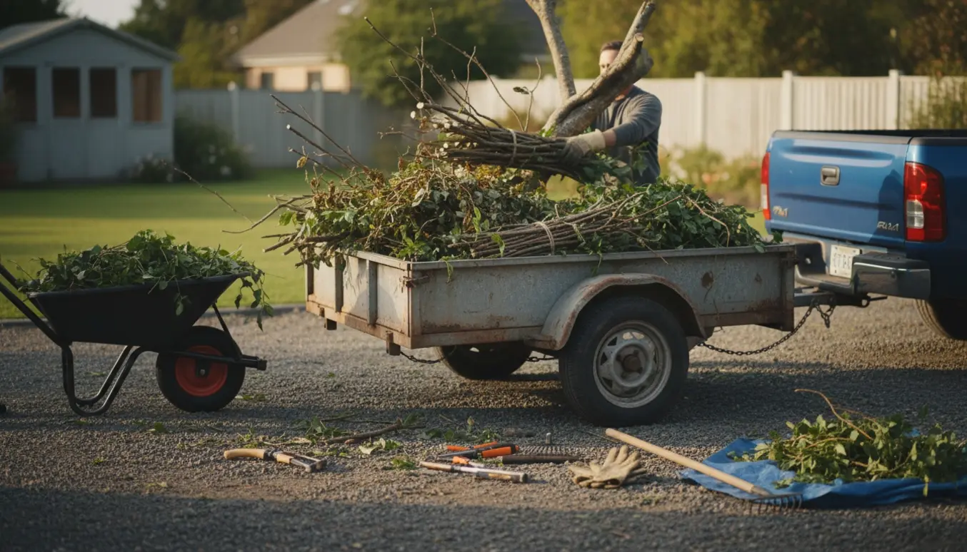 Handskerede hænder læsser afskårne grene og haveaffald på en trailer ved en privat have.