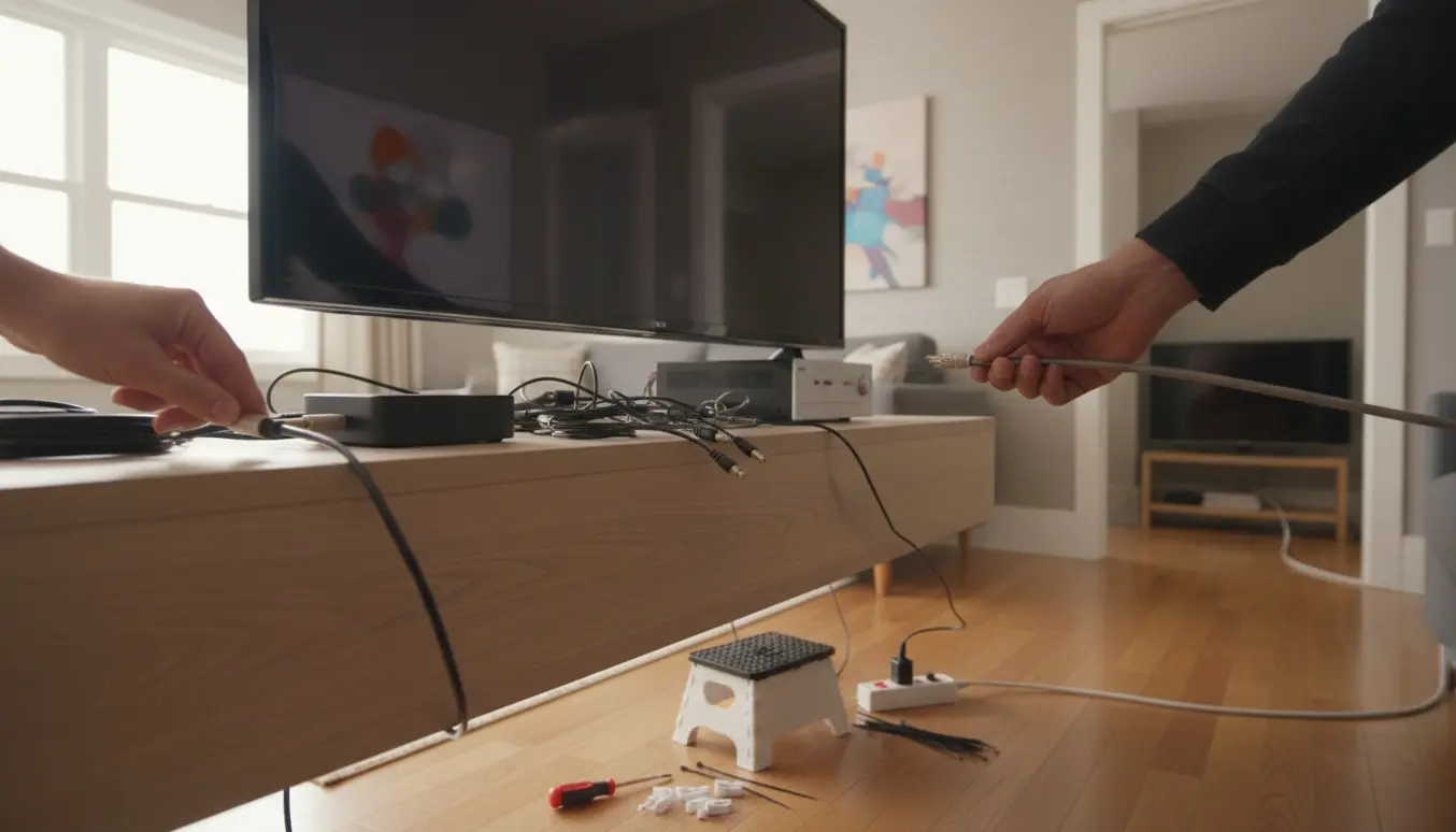 Hænder tilslutter en kabelboks under et vægmonteret 65'' TV med et andet TV i kælderen synligt via åben trappe og ført kabel.