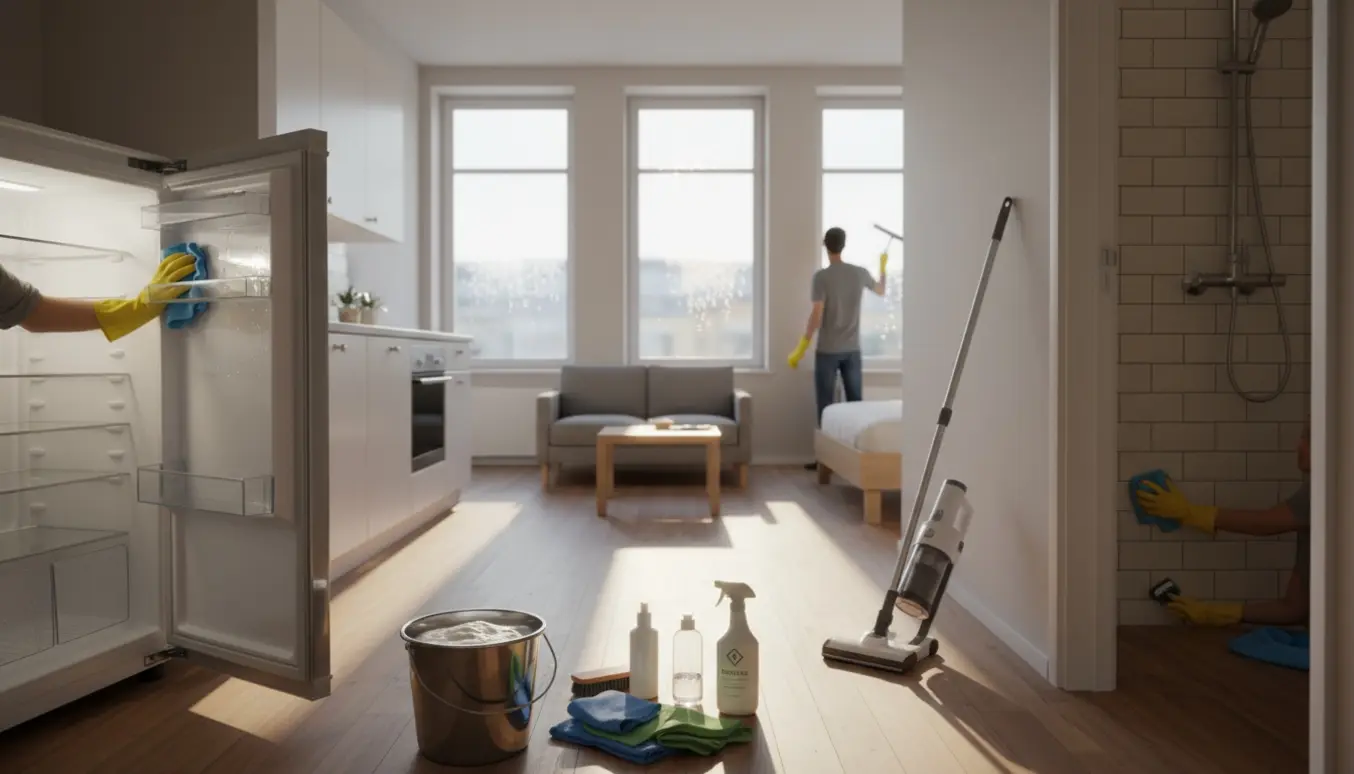 Flytterengøring i en lys toværelses lejlighed med handsker, rengøringsmidler, åben køle/fryser og afkalket bruseniche.