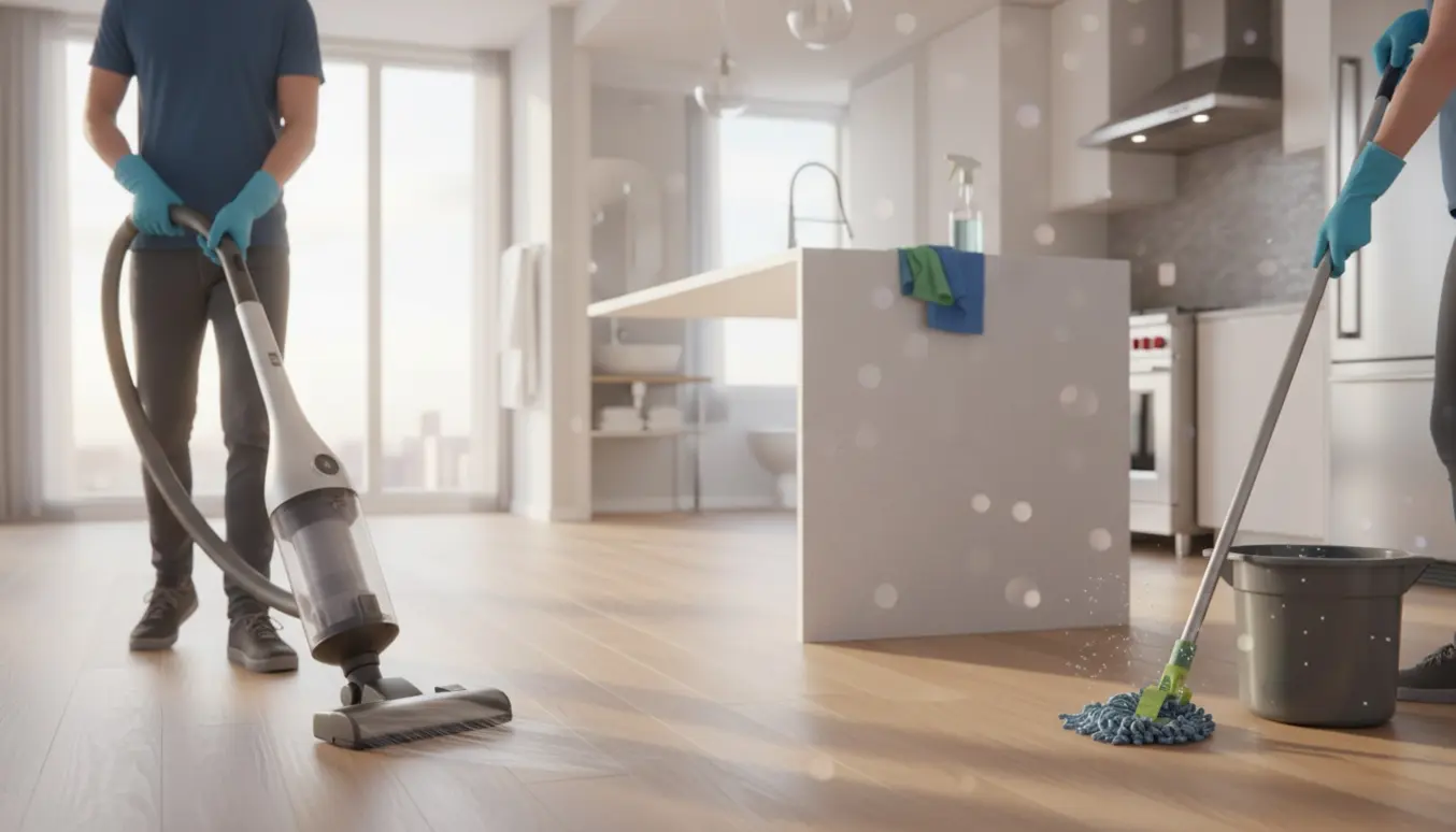 Hænder støvsuger og vasker gulvet i en lys, ryddelig lejlighed med skinnende køkken og badeværelse.