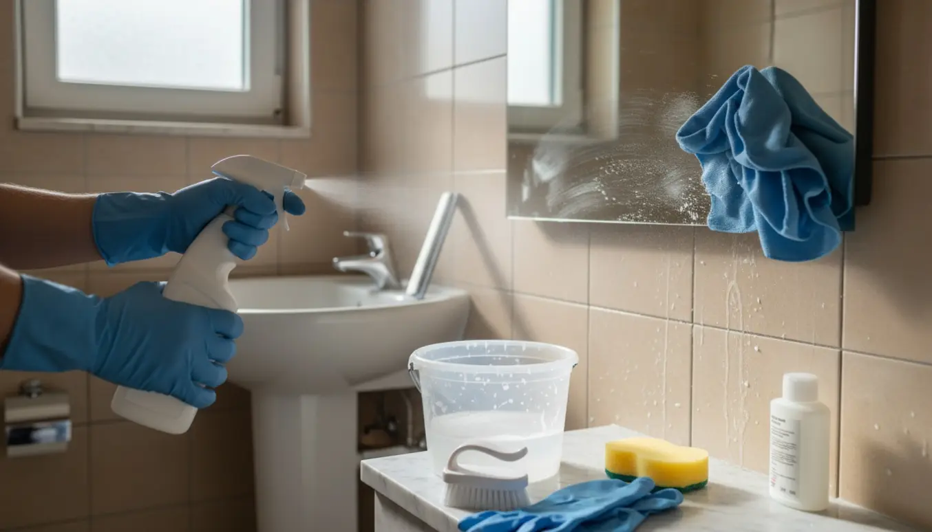 Hænder i gummihandsker afkalker fliser og aftørrer spejl i et lyst, ryddeligt badeværelse.