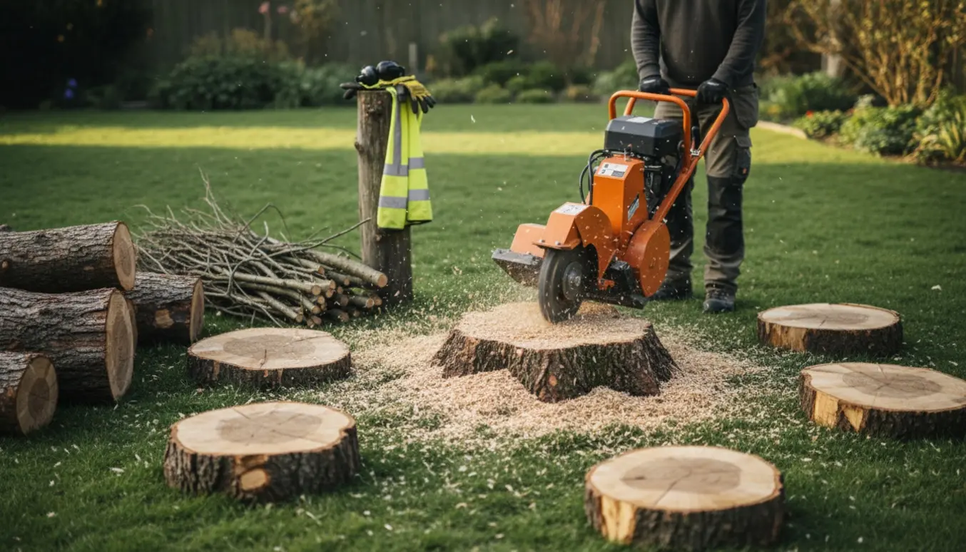 En stubbefræser fjerner seks træstubbe i en have med nysavede træstammer og flis.