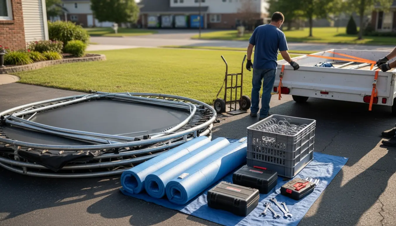 Delvist adskilt stor trampolin og dele stablet ved en varevogn klar til transport til genbrugsstation.