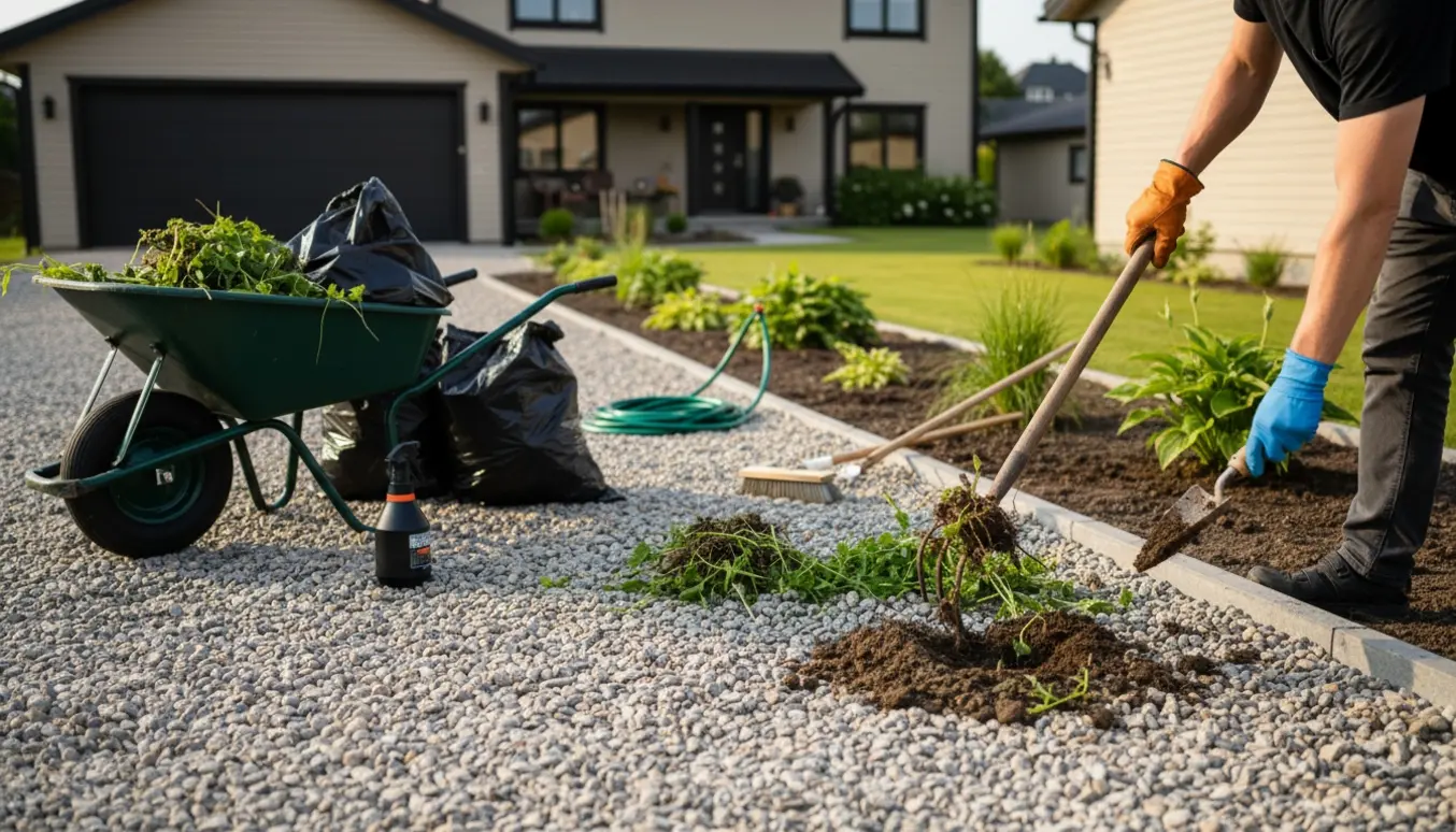 Ukrudtsrensning på en indkørsel dækket af ærtesten med et langt bed, handsker og haveredskaber i brug.