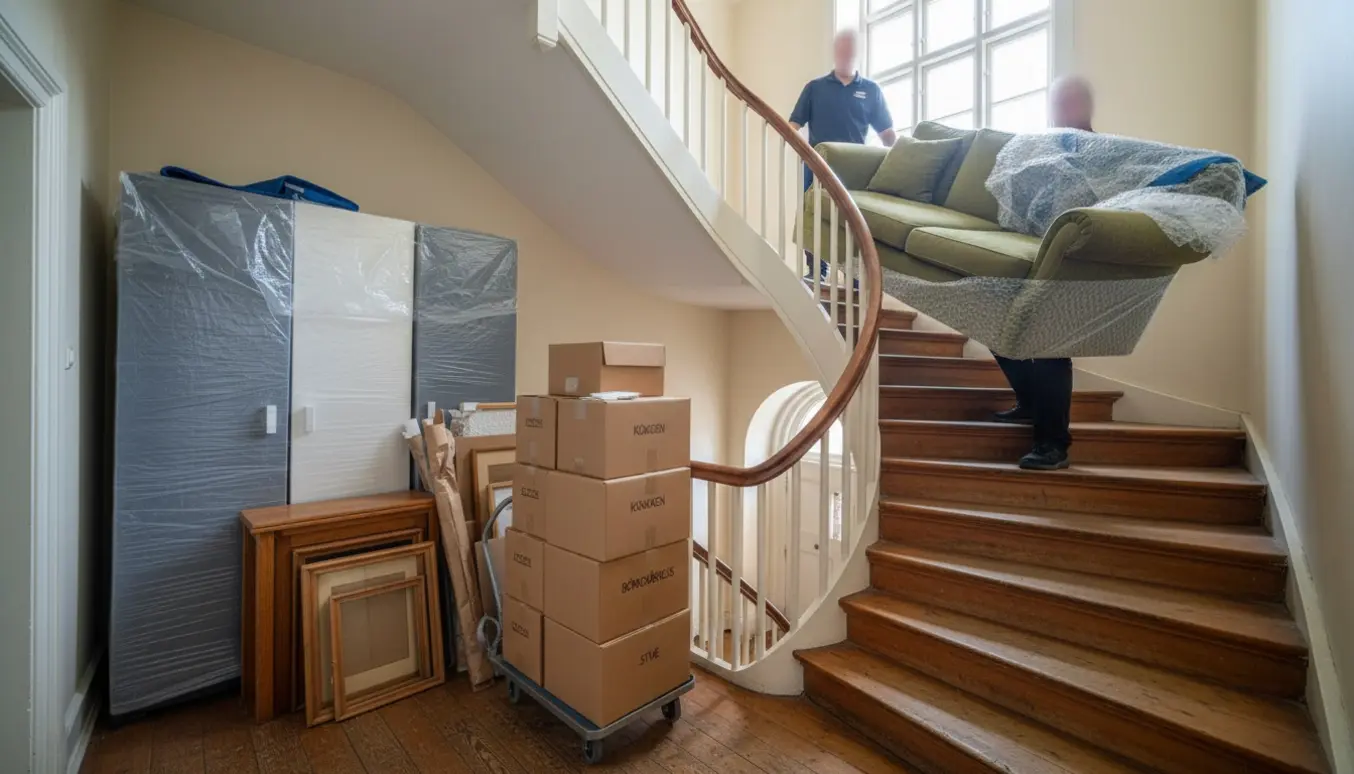 Flytning: to personer bærer en sofa op ad en smal trappe omgivet af skabe, borde og stabler af flyttekasser.