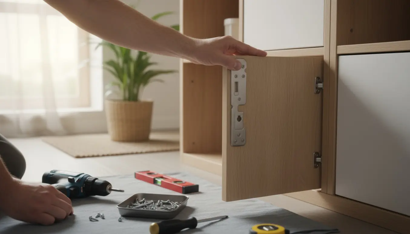 Hænder monterer fire låger på en Kubik-reol med skubbelukning, med værktøj og skruer i forgrunden.